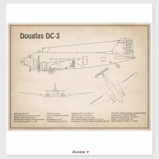Douglas DC-3 - Flugzeugkonzept Zeichnend Pläne SD Aufkleber (Blatt)
