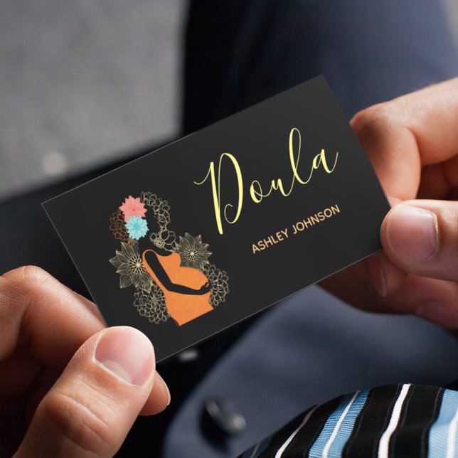 Doula Birth Coach Midfrau Floral Calligraphy Black Visitenkarte (Von Creator hochgeladen)