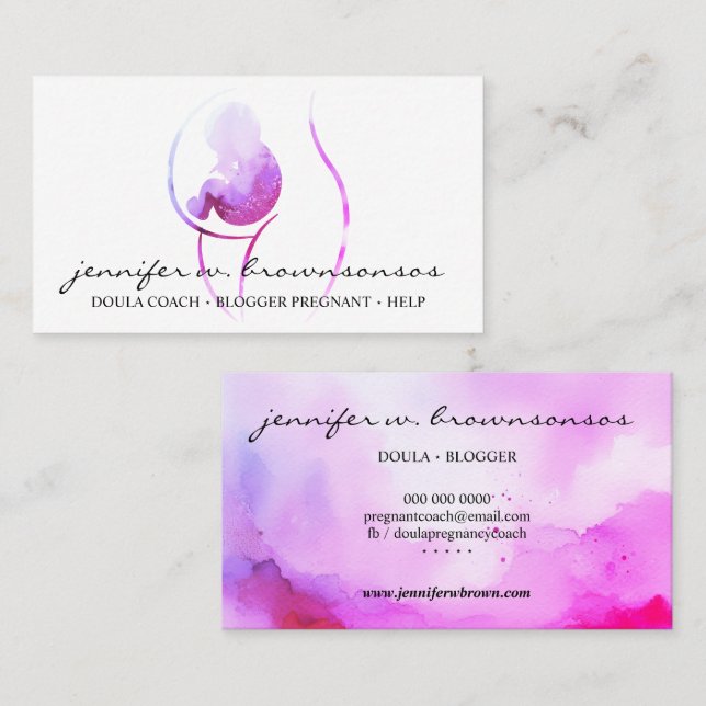 Doula Pink Watercolor Pregnant Baby Neugeborene Visitenkarte (Vorne/Hinten)