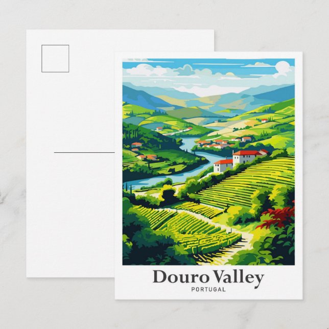Douro Valley Portugal Vintage Travel Illustration Postkarte (Vorne/Hinten)