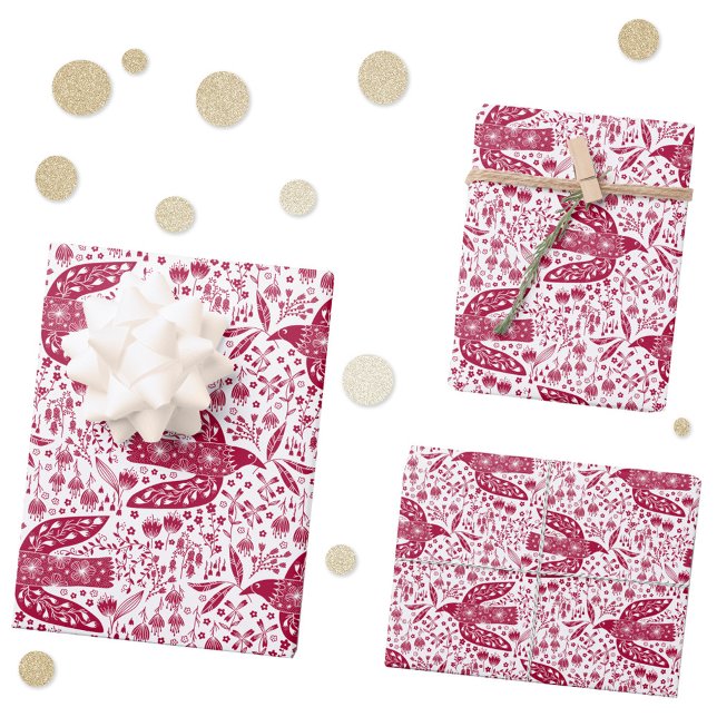 Dove Bird Rot und Weiß Festival Geschenkpapier Set (Red and white festive peace dove bird pattern gift wrapping paper sheets)