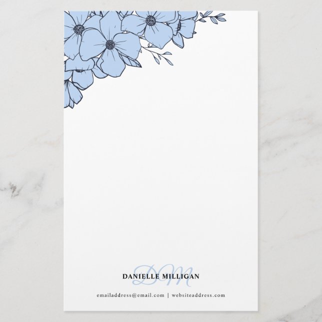 Dove Blue Flowers Name Monogram Website Briefpapier (Vorderseite)