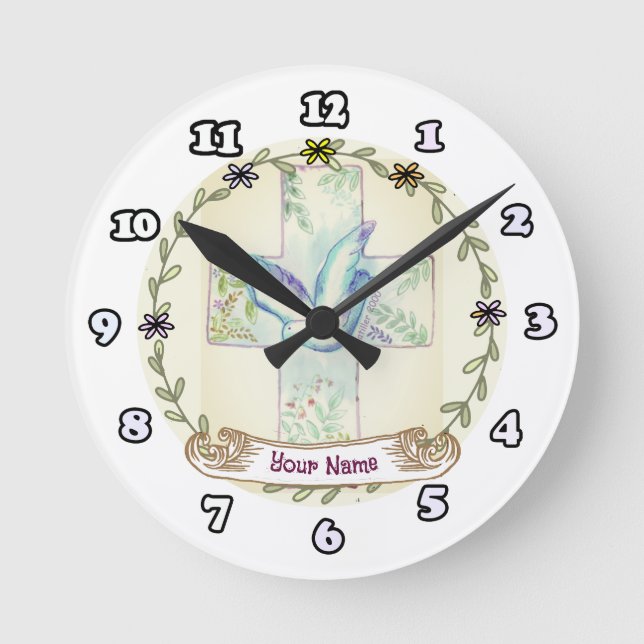 Dove Christlich Cross Runde Wanduhr (Vorderseite)