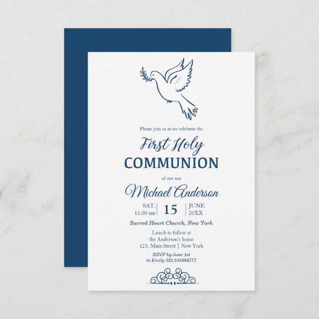 Dove First Communion Blu Elegant Einladung (Vorne/Hinten)