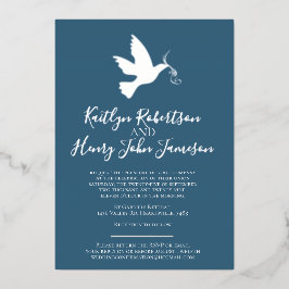 Dove gold-blau-graues einfaches Hochzeitsszenario  Folieneinladung