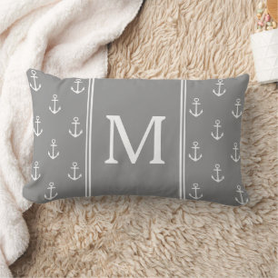 Dove Gray and White Anchors Monogramm Lendenkissen