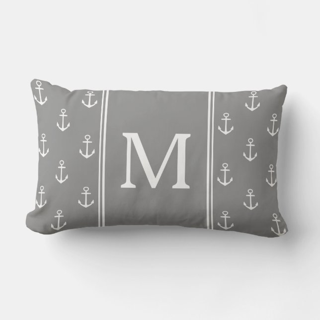 Dove Gray and White Anchors Monogramm Lendenkissen (Vorderseite)