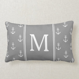 Dove Gray and White Anchors Monogramm Lendenkissen