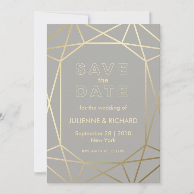 Dove Gray & Gold Geometric Wedding speichern das D Save The Date (Vorderseite)