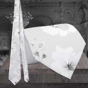 Dove Gray on White Garden Peony Wedding Neck Tie Krawatte