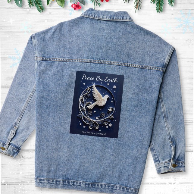 Dove of Peace Elegant Imitats Papercraft NIght Sky Jeansjacke (A festive denim jacket with Dove of Peace design on the back, 'Peace On Earth' words and custom text)