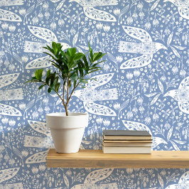 Doves and Blume White on Dusty Blue Bird Art Tapete
