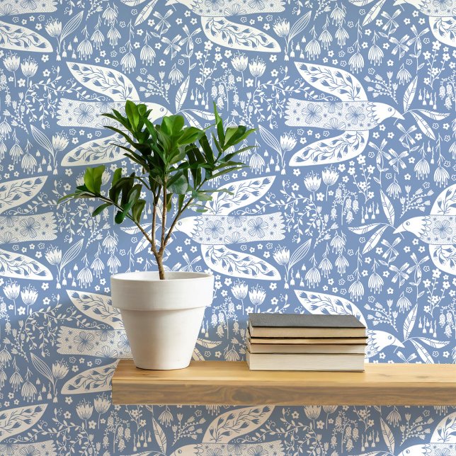 Doves and Blume White on Dusty Blue Bird Art Tapete (Doves and flowers botanical folk art style peel and stick wallpaper)