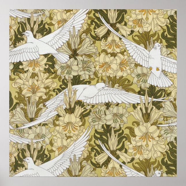 Doves and Lilies, Floral & Birds Art Nouveau Poster (Vorne)