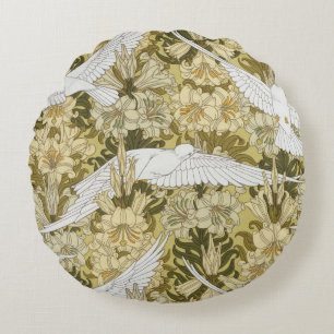 Doves and Lilies, Floral & Birds Art Nouveau Rundes Kissen