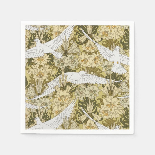 Doves and Lilies, Floral & Birds Art Nouveau Serviette (Vorderseite)