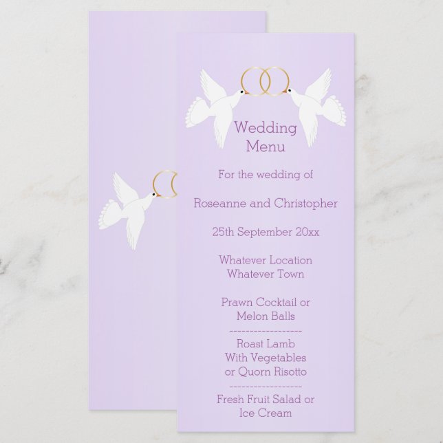 Doves Design Lilac Colored Wedding Menükarte (Vorne/Hinten)