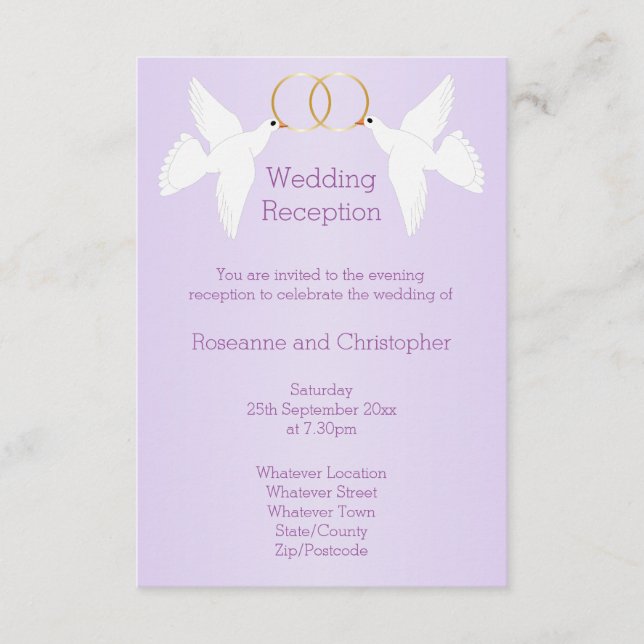 Doves Design Lilac farbige Hochzeitempfehlung Begleitkarte (Vorderseite)