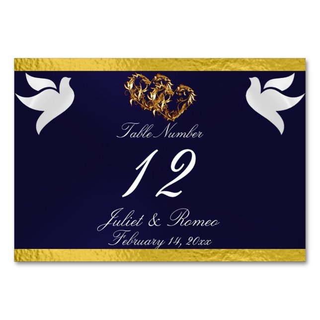 Doves & Heart - Navy Blue/Gold Tischnummer (Vorderseite)