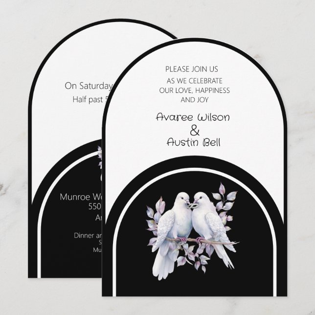 Doves Rings Black und White Arched Einladung (Vorne/Hinten)