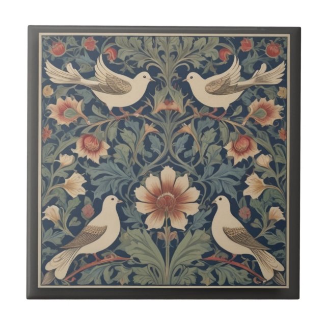 Doves William Morris Stil Vier Dove Birds Fliese (Vorderseite)