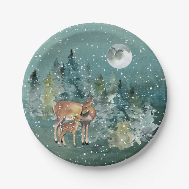 Down Fawn Deer Forest Full Moon Snowfall Holiday Pappteller (Vorderseite)