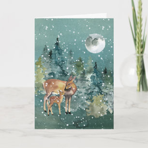 Down Fawn Deer Forest Full Moon Snowfall Wasserfar Feiertagskarte