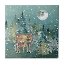 Down Fawn Deer Forest Full Moon Snowfall Wasserfar Fliese