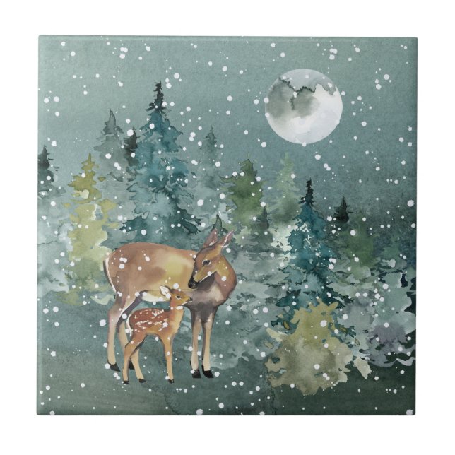 Down Fawn Deer Forest Full Moon Snowfall Wasserfar Fliese (Vorderseite)