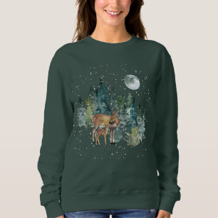 Down Fawn Deer Forest Full Moon Snowfall Weihnacht Sweatshirt