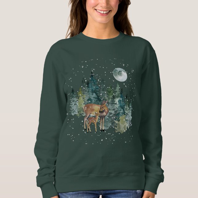 Down Fawn Deer Forest Full Moon Snowfall Weihnacht Sweatshirt (Vorderseite)