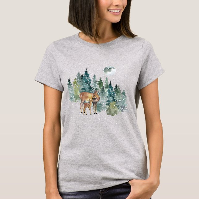 Down Fawn Deer Forest Full Moon Snowfall Weihnacht T-Shirt