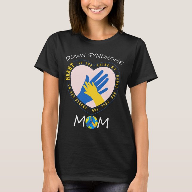Down-Syndrom Mama-Shirt, Gelbes blaues Ribbon-Gesc T-Shirt (Vorderseite)