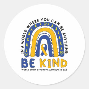 Down Syndrome Awareness Be Kind Blue Yellow Ribbon Runder Aufkleber