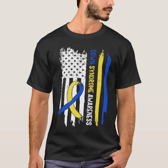 Down Syndrome USA Flag Blue Yellow Ribbon T-Shirt (Vorderseite)
