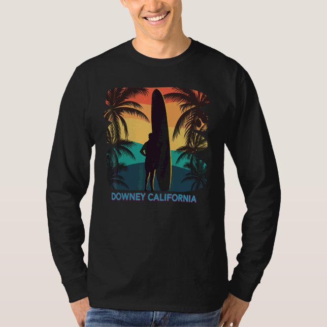 Downey California Ca Palm Tree Surfboard Surfer Su T-Shirt (Vorderseite)