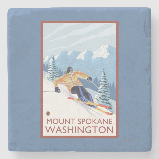 Downhhill Schnee-Skifahrer - Berg Spokane, Steinuntersetzer (Vorderseite)