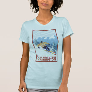 Downhhill Schnee-Skifahrer - blauer Berg, T-Shirt