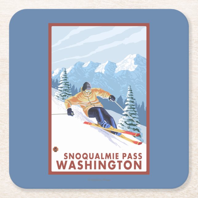 Downhhill Schnee-Skifahrer - Snoqualmie Durchlauf, Rechteckiger Pappuntersetzer (Vorderseite)