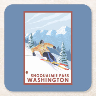 Downhhill Schnee-Skifahrer - Snoqualmie Durchlauf, Rechteckiger Pappuntersetzer