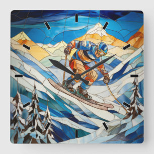 Downhill Skier Wall Clock Quadratische Wanduhr