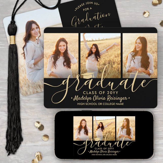 Download 4 Foto Black & Gold Graduation Party Einladung (Von Creator hochgeladen)
