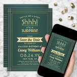Download von Überraschungen Geburtstag Grün und Go Save The Date<br><div class="desc">Kannst du ein Geheimnis behalten haben? Laden Sie Ihre Familie und Freunde zu einer eleganten und aufregenden Überraschungsfeier mit maßgeschneiderten grün und goldfarbenen Party Einladungen ein. Alle Formulierungen auf dieser Vorlage ist einfach zu personalisieren, einschließlich der Nachricht, dass "Shhh! Es ist ÜBERRASCHEND." Das Design besticht durch eine moderne gestreifte Grenze...</div>