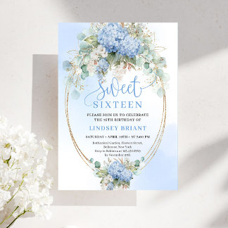 Downloadable Blue Hydrangea Gold Sweet 16 Birthday Einladung