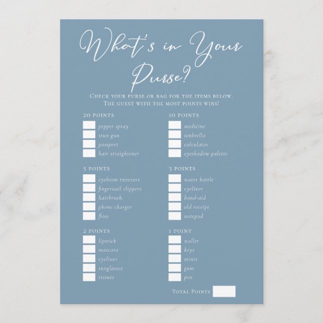 Downloadable Blue Purse Bridal Shower Game Karte (Vorderseite)