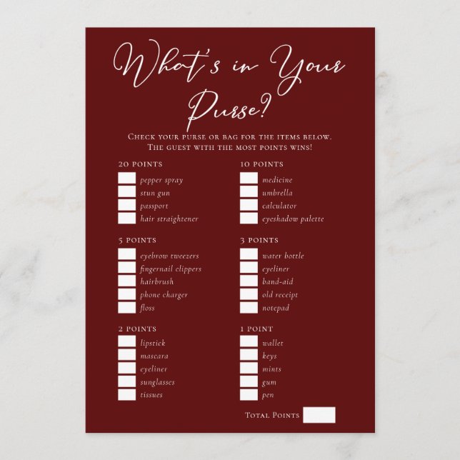 Downloadable Burgundy Purse Bridal Shower Game Karte (Vorderseite)