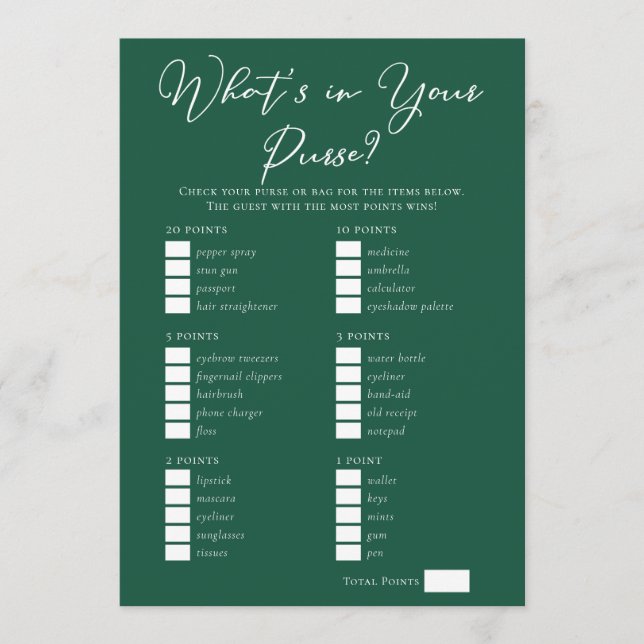 Downloadable Green Purse Bridal Shower Game Karte (Vorderseite)