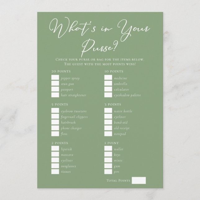 Downloadable Sage Green Purse Bridal Shower Game Karte (Vorderseite)