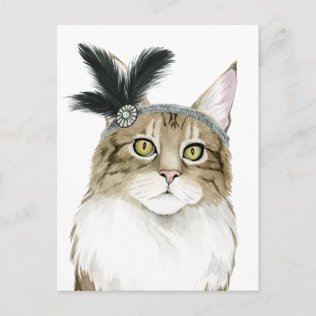Downton Cat | Mit Federn verziert Postkarte (Vorderseite)