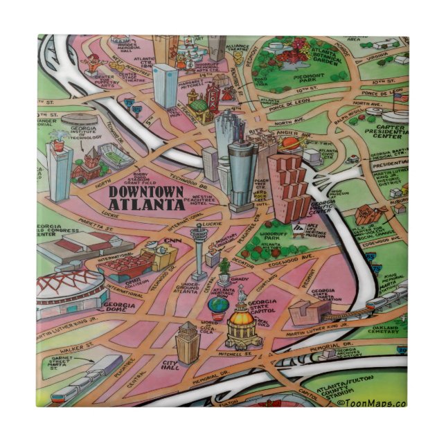 Downtown Atlanta Georgia Cartoons Map Fliese (Vorderseite)